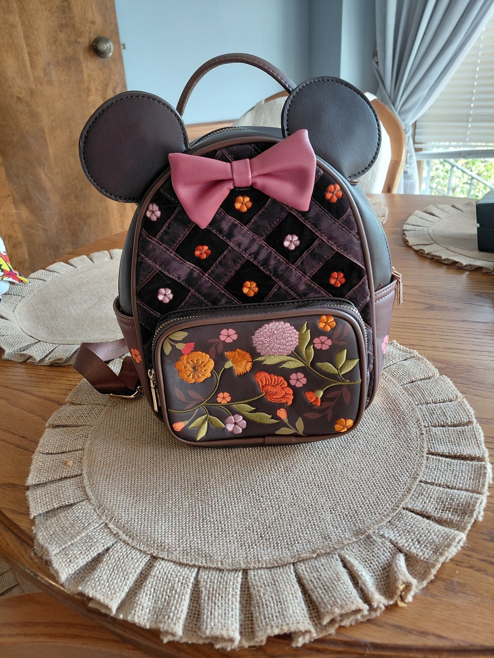 Disney Brown Floral Embroidered Minnie Ear Mini Backpack with Pink Bow